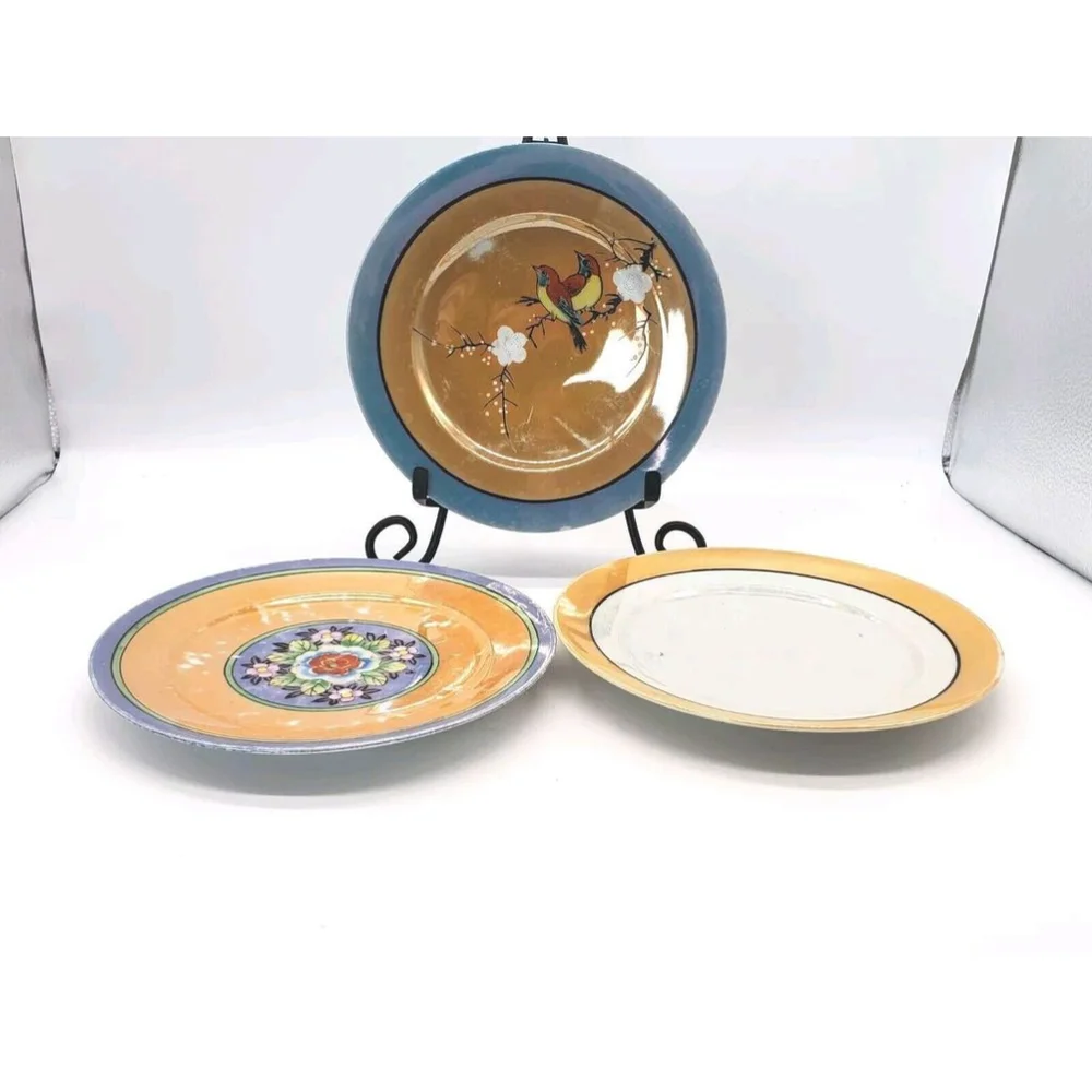 3 Vintage Japan Lusterware Saucers birds flowers and one plain